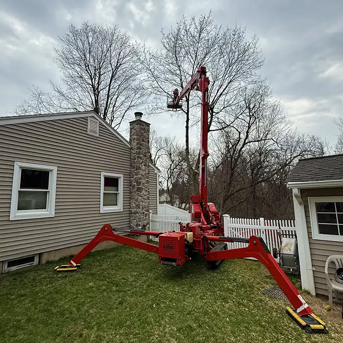 red lift platform for tree removal service next to house